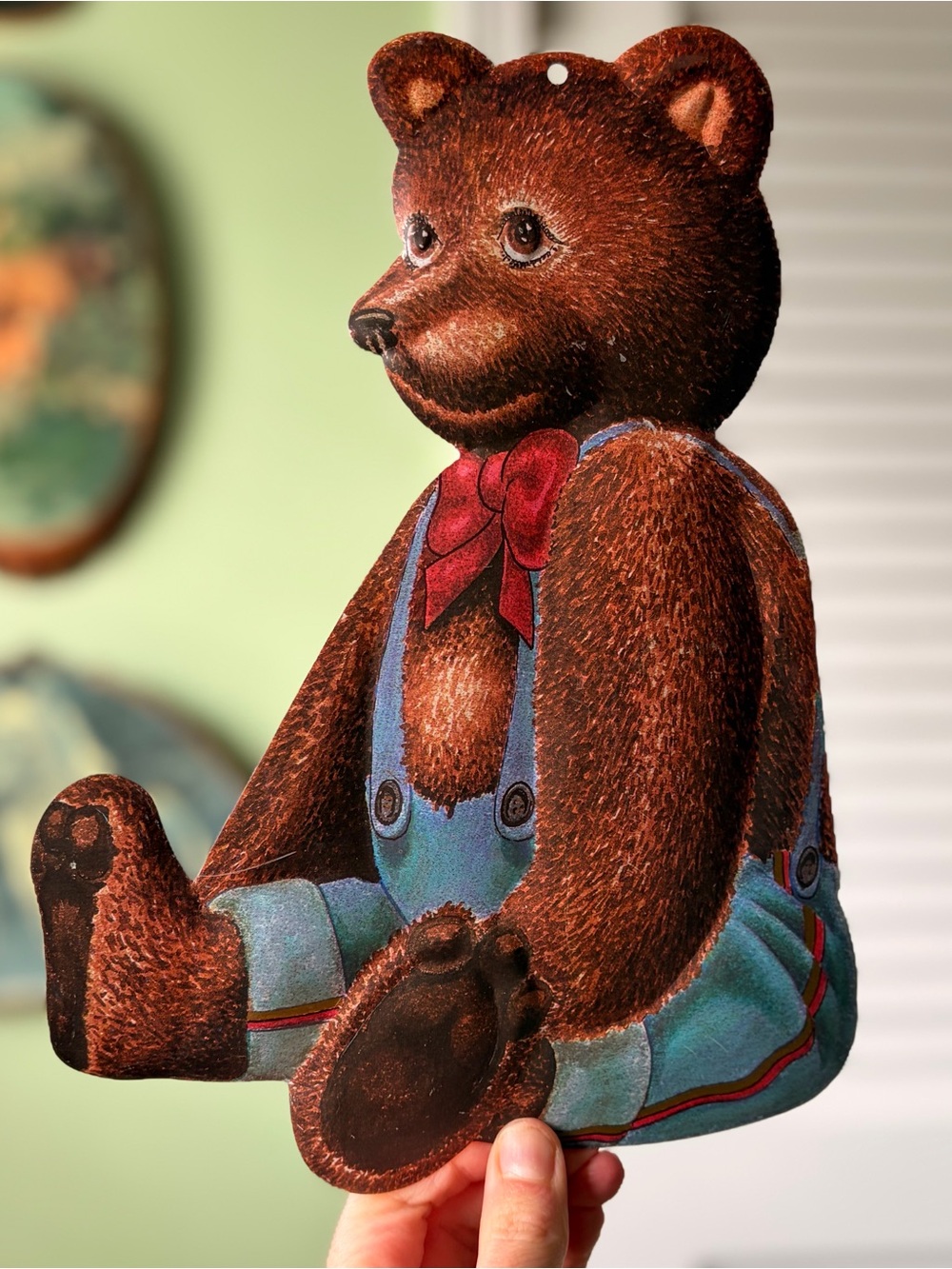 Brown Teddy Bear Wall Hanging Metal Accent with Blue Overalls and Red Bow